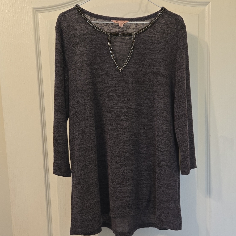 Juicy Couture Gray & Black Heathered 3/4 Sleeve Top W/ Embellished Neckline XL